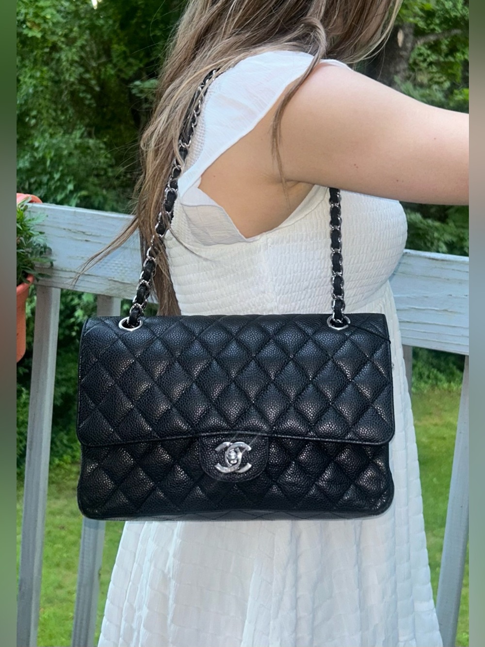 CHANEL Medium Classic Double Flap Caviar Leather Quilted Handbag Black